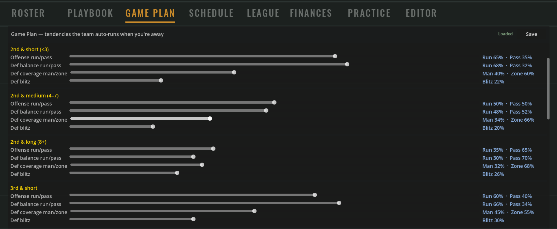 Game Plan tab — situational tendency dials