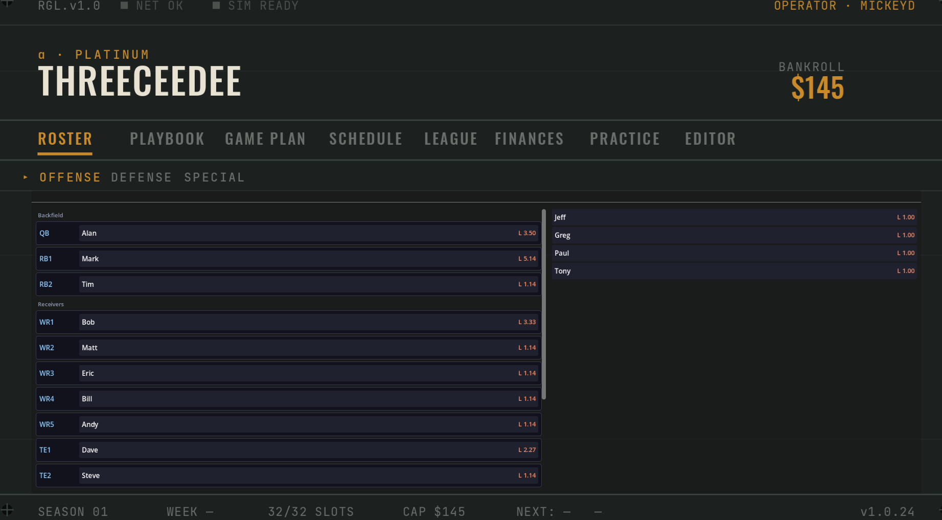 Roster tab — slot assignment, stats grid